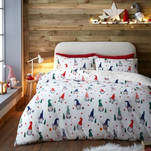 Fusion - Christmas Gonk Teddy-Fleece-Bettbezug, Doppelbettgröße (200 x 200 cm), wendbares Design, 2 Kissenbezüge, weiße Bettwäsche mit Fleece, Weihnachtswichtel, Weihnachtsbettwäsche von Fusion