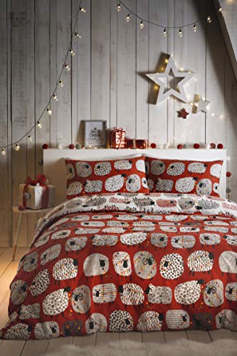 Fusion Dotty Sheep Christmas Bettbezug-Set mit weihnachtlichem Schaf, pflegeleicht, Polybaumwolle, rot, Super King von Fusion
