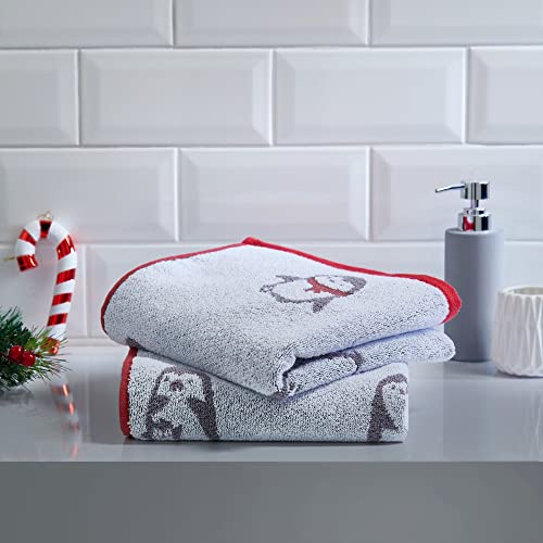 Fusion Handtuch-Set, Weihnachtspinguine, 100% Baumwolle, Jacquard, 2 Handtücher, 50 x 90 cm, Grau und Rot von Fusion