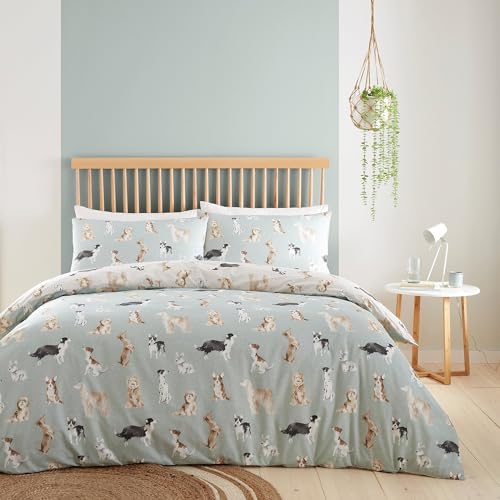 Fusion Hunde-Bettbezug, Einzelbettgröße (140 x 200 cm), wendbares Design (Beige und Enteneiblau), Pfotenabdruck-Bettbezug, Hunde-Aufdruck, Shih Tzu, Französischer Stier und Pudel von Fusion