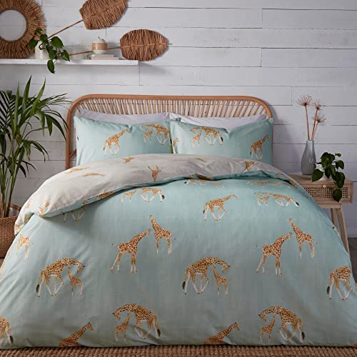Fusion Bettbezug mit Giraffen-Motiv, Einzelbettgröße (140 x 200 cm), wendbares Design, Zootier-Bettwäsche, grau-Blaue Bettwäsche mit Giraffen-Druck, Druckknopfverschluss, Giraffen-Geschenke von Fusion