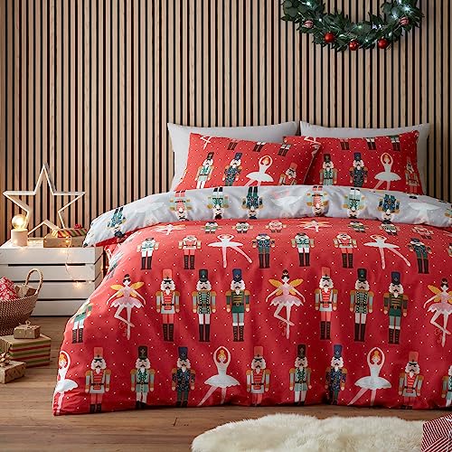 Fusion - Roter weihnachtlicher Nussknacker-Bettbezug – King-Size-Bettwäsche (230 x 220 cm) – Weihnachts-Ballerina-Bettbezug – wendbares Design (grau und rot) – Weihnachts-Bettwäsche-Set mit 2 von Fusion