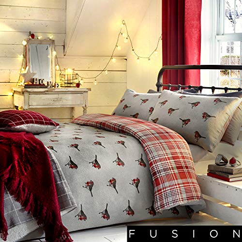 Fusion "Robin Classic Tartan-Vorder- und Vogel-Rückseiten-Bettbezug-Set, Baumwolle, Mehrfarbig, Einzelbett von DREAMS AND DRAPES