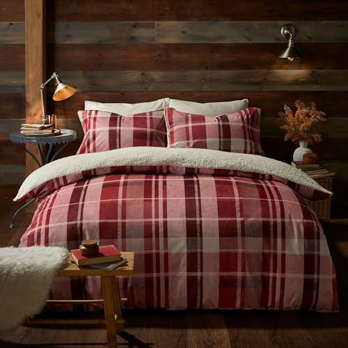 Fusion - Rot Karierter Fleece-Bettbezug – Super-Kingsize-Bettwäsche (260 x 220 cm) – wendbares Design – rotes Schottenkaro Bettwäsche – rote Biber-Bettwäsche mit Teddybär-Fleece-Steppdecke – weißes von Fusion