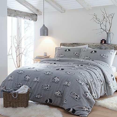 Fusion Snug Cosy Pig Bettbezug-Set, 100% gebürstete Baumwolle, für Super-Kingsize-Bett, Grau von Fusion