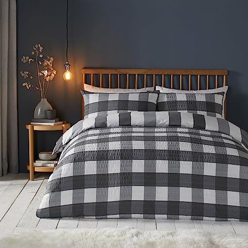 Fusion Snug – Seersucker Gingham Check – gebürstetes Bettbezug-Set – Doppelbett-Größe in Anthrazit von Fusion