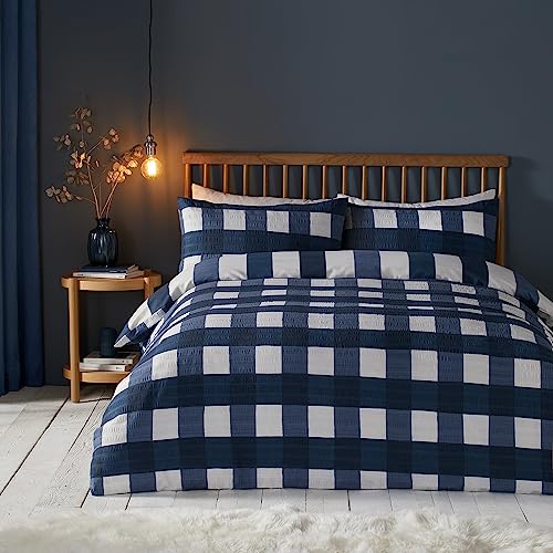 Fusion Snug Seersucker Gingham-Karo-Bettwäsche-Set, gebürstet, Einzelbettgröße, Marineblau von Fusion