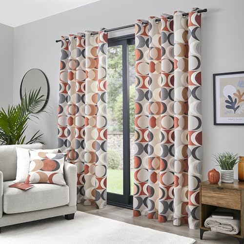 Fusion Spice Orange Retro Vector Circle Vorhänge, B 46 x L 72 cm, 2 Paneele, 100% Baumwolle, geometrische Ösen, Terrakotta, Halbmond, Schlafzimmer/Wohnzimmer von Fusion