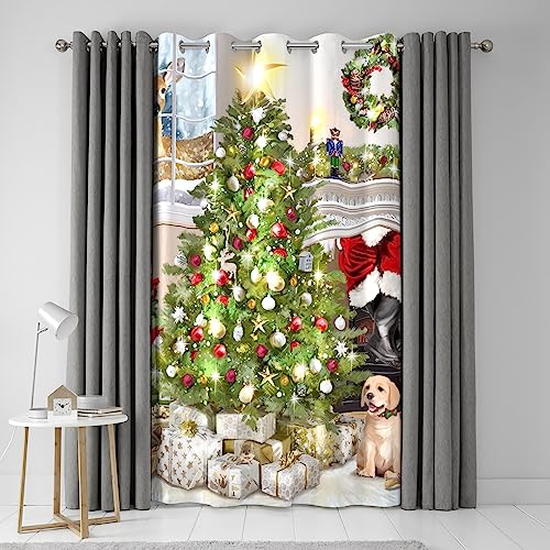 Fusion - Dekorativer Vorhang mit Ösen – Weihnachtsbaum-Geschenkszene – 138 x 214 cm (B x L) in Grün und Weiß von Fusion
