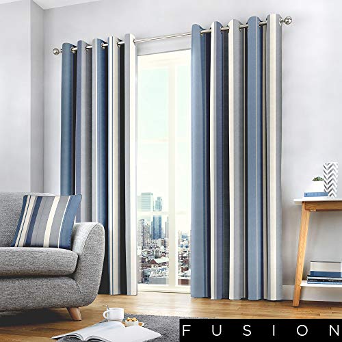Fusion Whitworth Stripe Vorhänge mit Ösen, gestreift, 100% Baumwolle, 229 x 229 cm, 1 Paar Übergardinen, Blau von Fusion