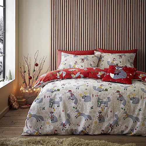 Fusion - Wende-Bettwäsche-Set mit weihnachtlichem Fuchs, Kingsize-Bett, Rot von Fusion