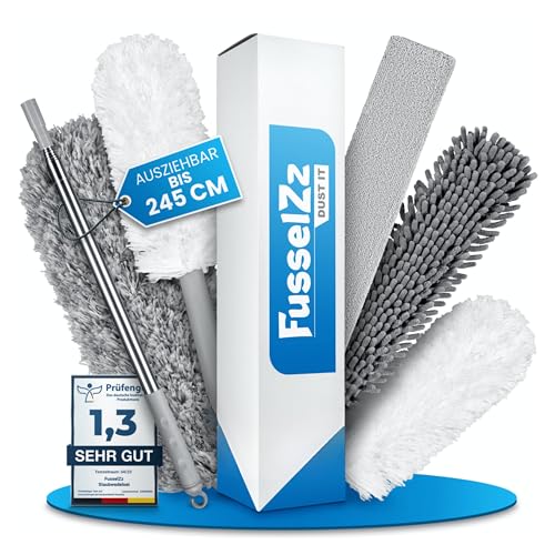 FusselZz® dust it Staubwedel teleskop waschbar [GROßES Set] – lang ausziehbar bis 2,45 m – Spinnwebenbesen mit Teleskopstiel – Magic Staubwischer für alle Duster Oberflächen, mikrofaserhaare von FusselZz