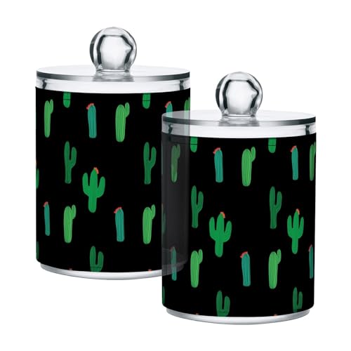 Fustylead 2 Stück einfache grüne kleine süße Kaktus-Qtip-Halterspender, Badezimmer-Aufbewahrungsdose, Kunststoff, Apothekerglas-Set für Wattestäbchen, Bälle, Pads, Zahnseide von Fustylead