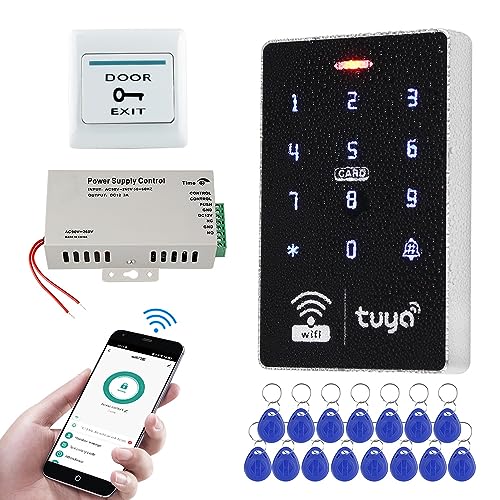 FUSYTULY Drahtlos WiFi Tuya Tür Kits Zugangskontrollsysteme 125KHz 13.56MHz IP68 Wasserdichte Touch RFID Tastatur und DC12V3A Netzteil 15pcs Keyfobs, Ohne Elektrische Schlösser von FusyTuly