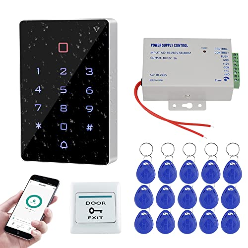 FUSYTULY Wasserdichtes Zugangskontrollsystem IP68 im Freien Tuya WiFi RFID Tastatur + K80 3A Netzteil + Türausgangstaste + 15pcs RFID Keyfobs Tags, Ohne elektrisches Schloss von FusyTuly