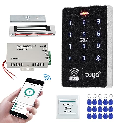 FUSYTULY WiFi Tuya Tür Eingang Zugangskontrollsystem 125KHz 13.56MHz Wasserdichte RFID Zutrittskontroll-Tastatur + 180KG Elektrisches Magnetisches Schloss + DC12V3A Netzteil + 15pcs Karten von FusyTuly