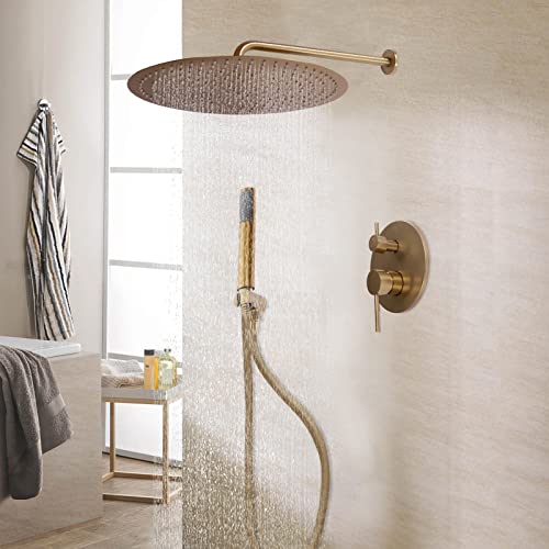 Brausesystem gebürstetes Gold 16 Zoll Farbener rundes Regenbrauseset gebürsteter verdeckter Duschanzug mit Duschkopf Handbrause 2 Funktionen Messing für Badewannen von Futchoy