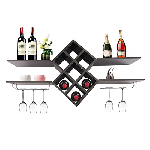 Futchoy Weinregal mit mit Glashalter Wandmontage Weinregal aus Holz Aufbewahrungsregal Wandregal Flaschenhalter Flaschenregal Weinflaschenregal für Bar Wanddekor Küche, Zuhause von Futchoy