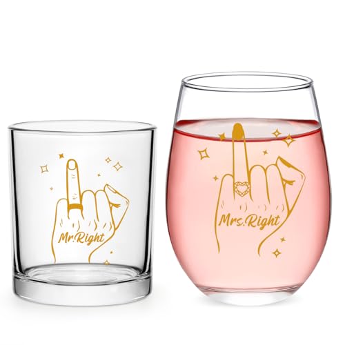 Futtumy Hochzeitsgeschenke für Brautpaare, Mr Mrs Right Weinglas & Whiskyglas Set für Paare, Brautpaare, Brautpaare, Brautpaare, Ringfinger-Glas-Set für Verlobung, Brautparty, Valentinstag von Futtumy