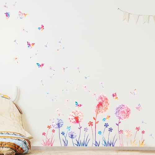 2 Stück Große Pusteblume Wandtattoo, XL Bunt Löwenzahn Wandtattoo, Kinderzimmer Wandsticker mit Vierblättriges Kleeblatt, Schmetterlinge Blumen Wandaufkleber, Löwenzahn Wandsticker Wanddeko Aufkleber von Futuhada