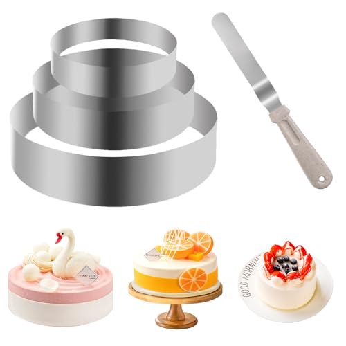 Futuhada 3 Stück Edelstahl Tortenring Set mit 1 Glasurspatel, Runden Kuchenringe, Rund Feste Tortenring, Rund Backrahmen Backring Backformen, Rund Cake Ring (Hoch 4.5cm, Ø 9.8/14.5/19.5 cm) von Futuhada