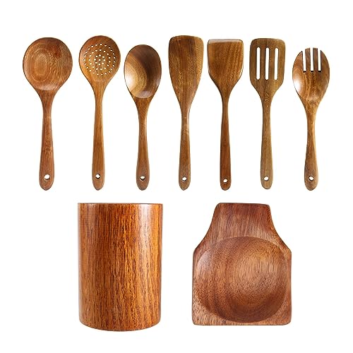 FutureHight 9 PCS HolzlöFfel zum Kochen, Holzutensilien zum Kochen mit Utensilienhalter, KüChenutensilien-Set Aus Teakholz von FutureHight