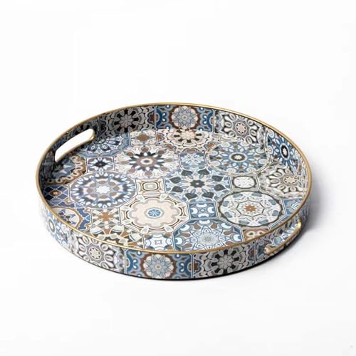 Fuukou Rundes Serviertablett mit Griffen – Boho-Couchtisch-Tablett, Ottoman-Tablett, große Tabletts für Ottomane, Couchtisch, moderne dekorative Tabletts für Wohnzimmer von Fuukou