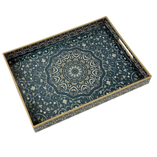 Fuukou Kunststoff-Serviertablett mit Griffen, großes Ottoman-Tablett für Wohnzimmer, große, rechteckige Tabletts für Ottomane, Couchtisch, dekoratives blaues Boho-Serviertablett für Heimdekoration von Fuukou