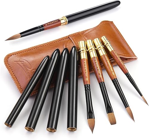 Aquarellpinsel Set - 4er Professionell Rotmarder Reisepinsel mit Ledertasche für Aquarell,Wasserfarben | Hoher Farbtragekapazitat & Exzellenter Sprungkraft | Zusammenklappbare Echthaar Reisepinsel Aquarellpinsel Set - 4er Professionell Rotmarder Reisepinsel mit Ledertasche für Aquarell,Wasserfarben | Hoher Farbtragekapazitat & Exzellenter Sprungkraft | Zusammenklappbare Echthaar Reisepinsel von Fuumuui