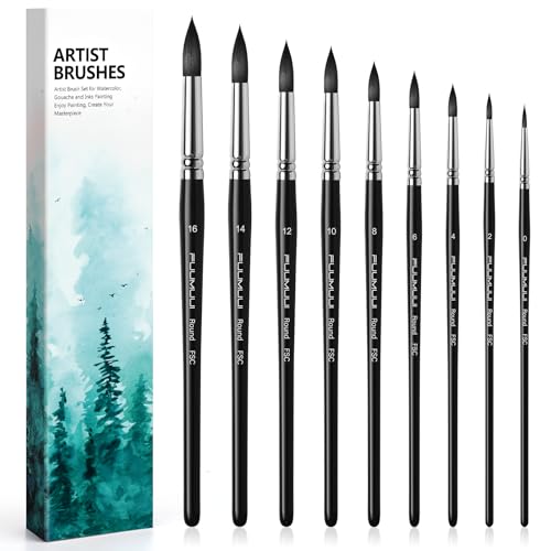 Aquarellpinsel Set - 9 Stück Premium Synthetisches Eichhörnchenhaar Rund Pinsel Set für Aquarell, Tempera | Ausgezeichnete Farbtragekapazitöt | Professionell Künstler Aquarellpinsel, Watercolor Brush von Fuumuui
