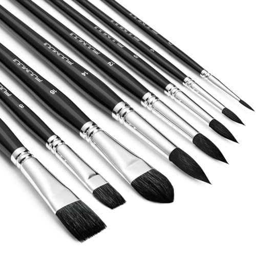 Aquarellpinsel set - 8er Professionell Eichhörnchenhaar Pinselset für Wasserfarben,Aquarell | Künstlerpinsel, Filbert Pinsel, Rund Pinsel, Flach Pinsel | Echthaar Pinsel Set für Hohe Absorption von Fuumuui