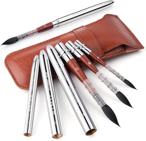 Reise Aquarellpinsel - 3er Professionell Natürlich Eichhörnchenhaar Reisepinsel mit Ledertasche für Aquarell,Wasserfarben | Hoher Farbtragekapazitat & Exzellenter Sprungkraft | Echthaar Reisepinsel von Fuumuui
