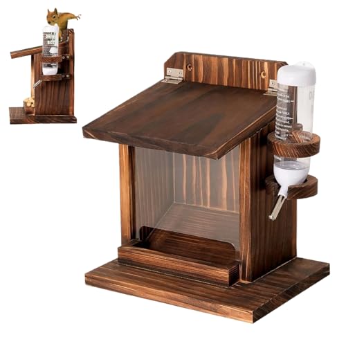 Fuuxtci Eichhörnchen Futterhaus - Streifenhörnchen Futterbox mit Wasserflasche - Holz Wandmontage Futterhäuschen Für Maiskolben Nüsse,Draußen Baum Balkon Garten Vögel von Fuuxtci