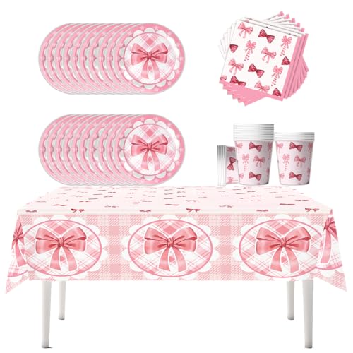 Fuwraixis Rosa Schleife Partygeschirr - Girl's Birthday Party Geschirr-Set - 20 Pappteller 20 Pappbecher 20 Servietten 1 Tischdecke - Ideal für Taufe eines Säuglings, Jubiläum, Hochzeit von Fuwraixis