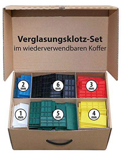 FUX Abstandshalter Kunststoff Set 100x24x1-6mm im Koffer Verglasungsklötze Sortiment Klötzchen Unterlegplatten Distanzplättchen Kunststoffplatte Ausgleichsplättchen Fensterkeile von FUX