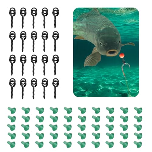 FuxFuis 20 Stück Screw Köder mit 50 Stück Hakenstopper TRP Köder Schrauben Dauerhaft Rostfrei Haken Boilies Schraube Hohe Zähigkeit Gewinde Boilie Köder Ring Karpfenangeln Angelzubehör für Angelhaken von FuxFuis