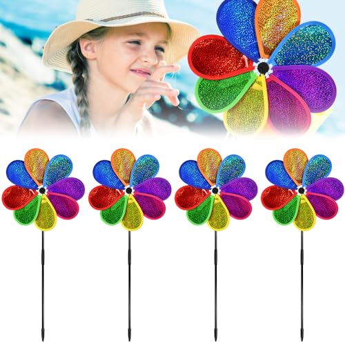 FuxFuis 4 Stück Windmühlen Windrad Blume Garten Windräder Deko Windrad Kinder Blütenform Regenbogen Windrad Durchmesser 30cm Windmühle für Innenhöfe Gärten Balkone Terrassen Rasenflächen von FuxFuis