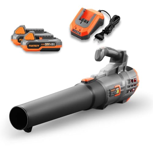 FUXTEC Akku Laubbläser 20V FX-E1LB20 - Inklusive 2 x Li-Ion 2Ah-Akku und 2,4A Ladestation - Laubgebläse zum Entfernen von Laub für Garten, Gehweg und Einfahrt - Leise - bis 38m/s von Fuxtec