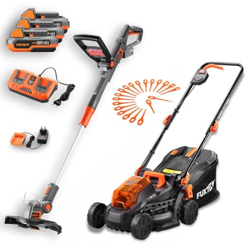 FUXTEC Akku Garten-Set – 20V Akku Rasentrimmer und 33cm Rasenmäher 40V (2x20V) inklusive 3X 2Ah Li-Ion Akkus & Doppelladegerät – Trimer Schnittbreite 25cm – Rasenmäher mit Schnitthöheneinstellung von Fuxtec