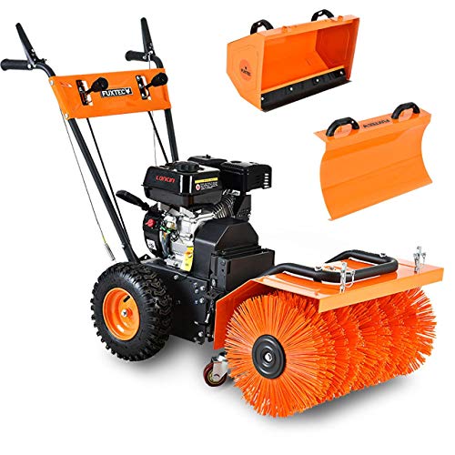 Fuxtec Benzin Kehrmaschine FX-KM196 mit Kehrbesen und 196cc Hubraum inklusive Schneeschieber und Kehrgutsammelbehälter/Auffangbehälter, optional erhätlich ist ebenfalls EIN Schneefräsenaufsatz von Fuxtec