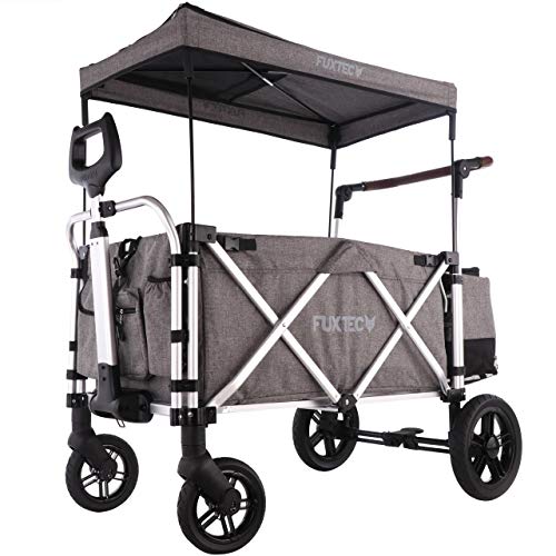 Fuxtec Bollerwagen faltbar FX-CTL900 Premium Grau mit Dach - Transportwagen klappbar |inkl. Hecktasche mit Schuhfach & Komfort-Schiebegriff | 5-Punkt-Gurt | Handwagen/Leiterwagen – Das Original von Fuxtec