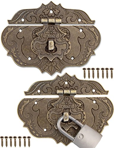 FUXXER® - 2x Antik-Verschlüsse, Bronze Eisen Design, Möbel-Verschlüsse, Beschläge für Vorhänge-Schloss Schlösser an Truhen Kisten Schieber, 75 x 58 mm inkl. Schrauben, 2er Set von Fuxxer