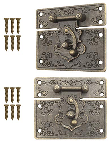 FUXXER® - 2x Antike Verschlüsse, Rast-Haken, Schloss, Bronze Eisen Design, Beschläge für Truhen Kisten Schieber, 67 x 58 mm inkl. Schrauben, 2er Set von Fuxxer