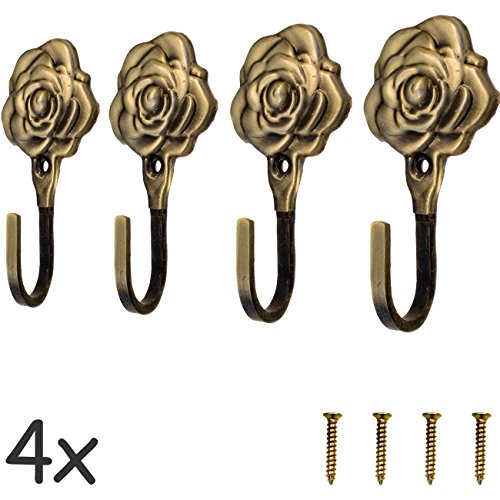 FUXXER® - 4x Antik-Haken Garderoben-Haken Kleider-Haken Handtuch, Eisen-Haken Messing Bronze Design, Vintage Landhaus Retro Bad 92mm, Rose, 4er Set von Fuxxer