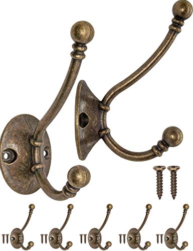 FUXXER® - Antike Garderoben-Haken, Kleider-Haken, Hut-Haken, Handtuch-Haken, Eisen-Haken, Wand-Haken, Messing Bronze Design, Vintage Landhaus Retro, 90 x 62 mm, 5er Set von Fuxxer