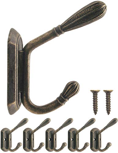 FUXXER® - Klassische Garderoben-Haken, Doppel-Haken, Kleider-Haken, Eisen-Haken, Metall-Haken, Gusseisen Design, Vintage Landhaus Retro, 60 x 50 mm, 5er Set, bronze von Fuxxer