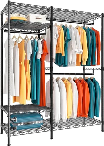 Fuyoula Kleiderschrank mit Ablagen, 194 cm Höhe, 3 Kleiderstangen, 4 verstellbare Einlegeböden, Schwarz (Schwarz, 114 x 42 x 194 cm) von Fuyoula