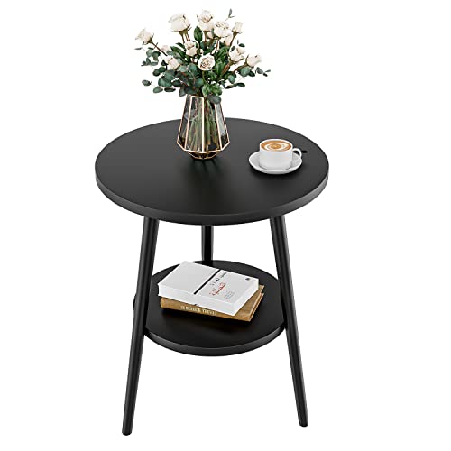 Fuyoula Runder Beistelltisch mit doppelter Ablage, 38 cm, schwarzes Metall, abriebfest, Höhe 55 cm (schwarz) von Fuyoula