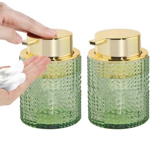Fvstar Schaumseifenspender, Glasseifenspender mit goldfarbener Pumpe, Badezimmer-Handseifenspender, Flasche mit Vintage-Muster, grüner Schaum-Handseifenspender für Bad und Küche, 2 von Fvstar