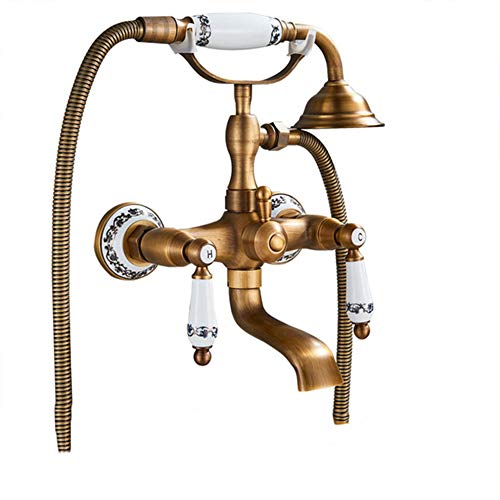 Badewannenarmatur - Badewanne Wasserhahn, Antiker Wand-Duscharmatur Mit Handbrause, Zweigriff Messing Wannenarmatur, Mit Keramikkartusche - Wandhalterung, Aufputz Wannenmischer - Dusche Set, Bronze von Fw